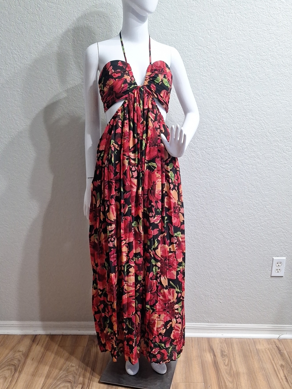 Vici Eline Pleated Cutout Halter Maxi Dress